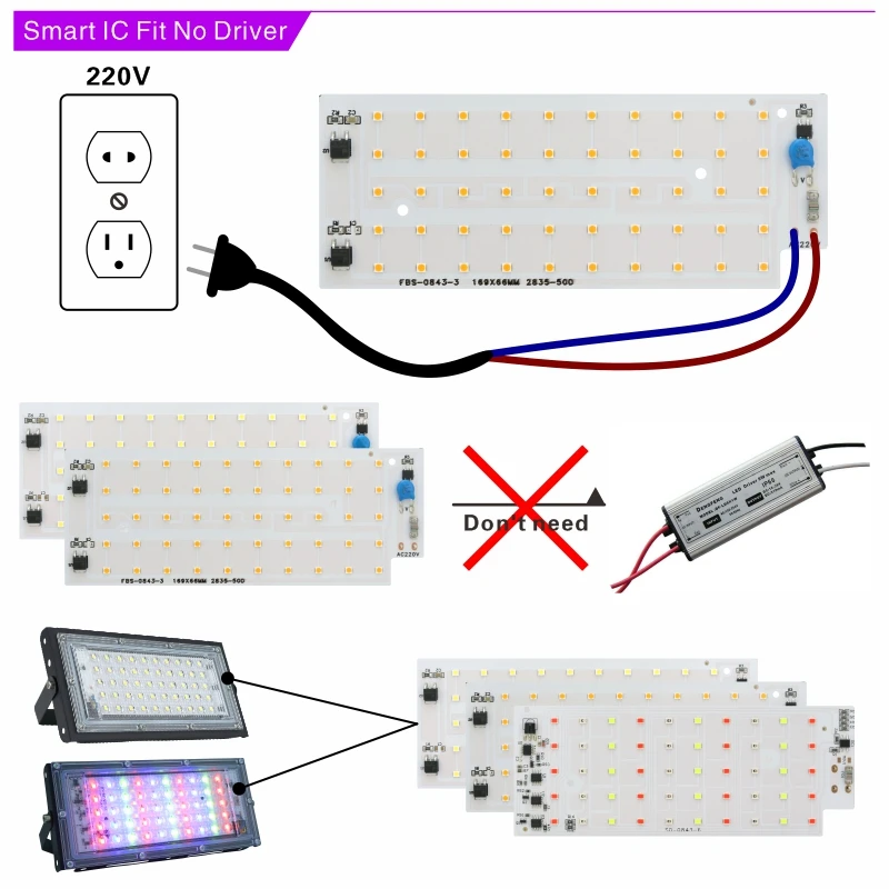 50W LED Chip for Flood Light SMD 2835 Outdoor Floodlight RGB Spotlight Lighting Beads AC 220V For LED Street Lamp