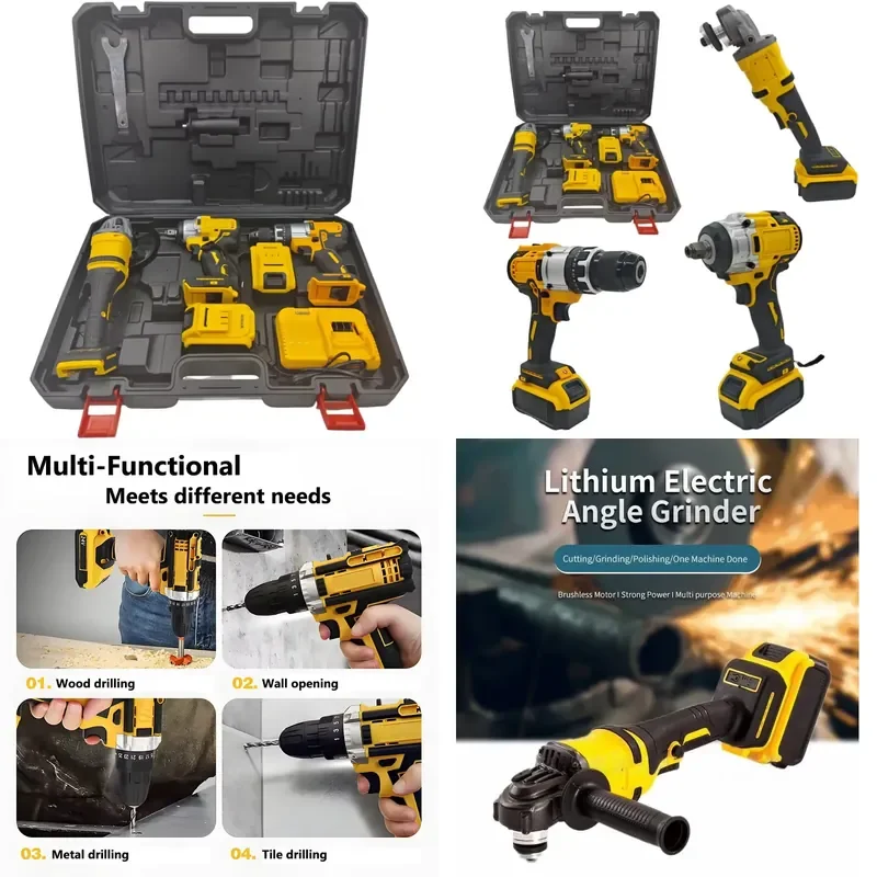 21V Brushless Lithium Battery Cordless Power Drill Set Electric Wrench Set Combination Drill and Angle Grinder for Repair