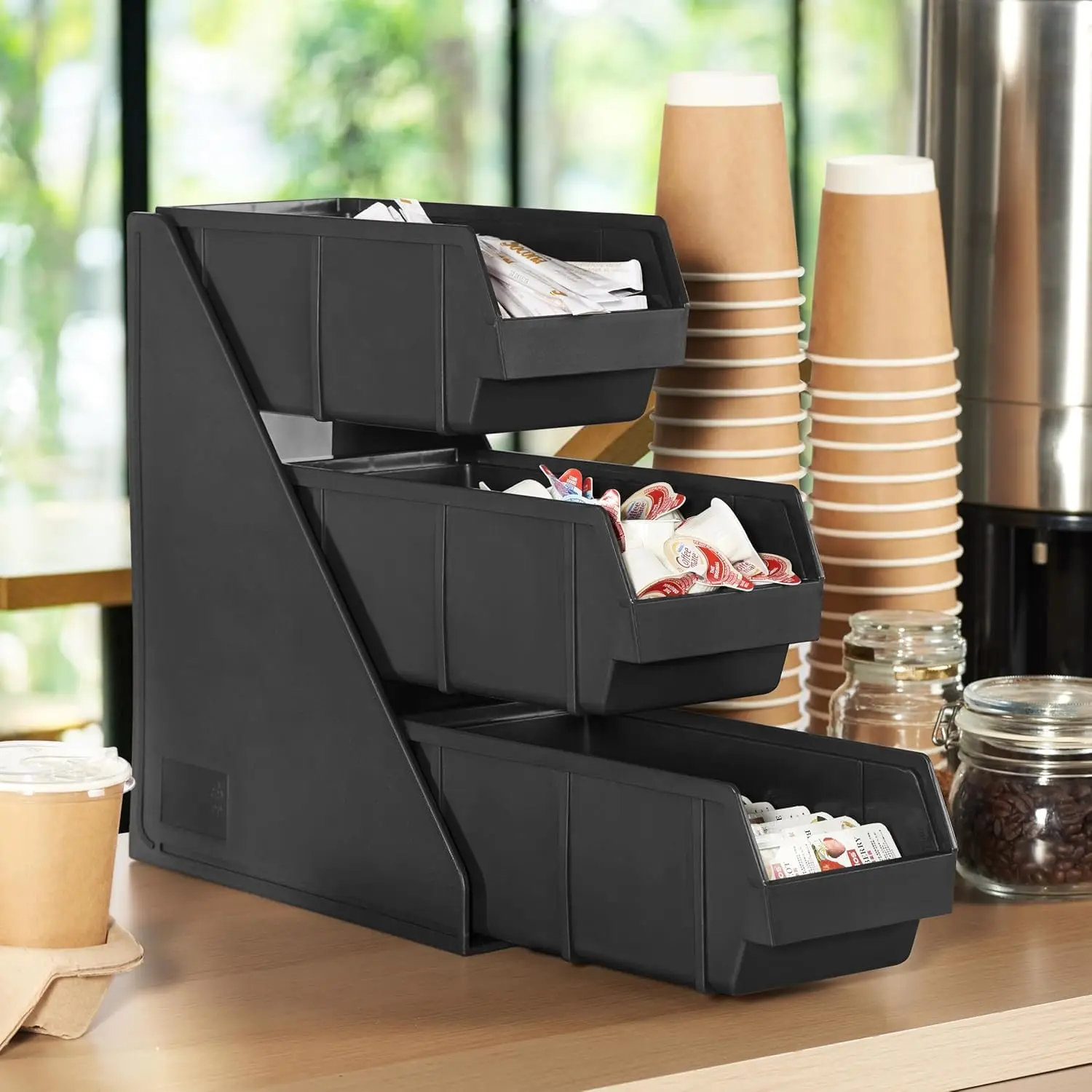 Black Self Serve Condiment Bin Stand Set, 3-Tier Stand with 6 Bins, 20