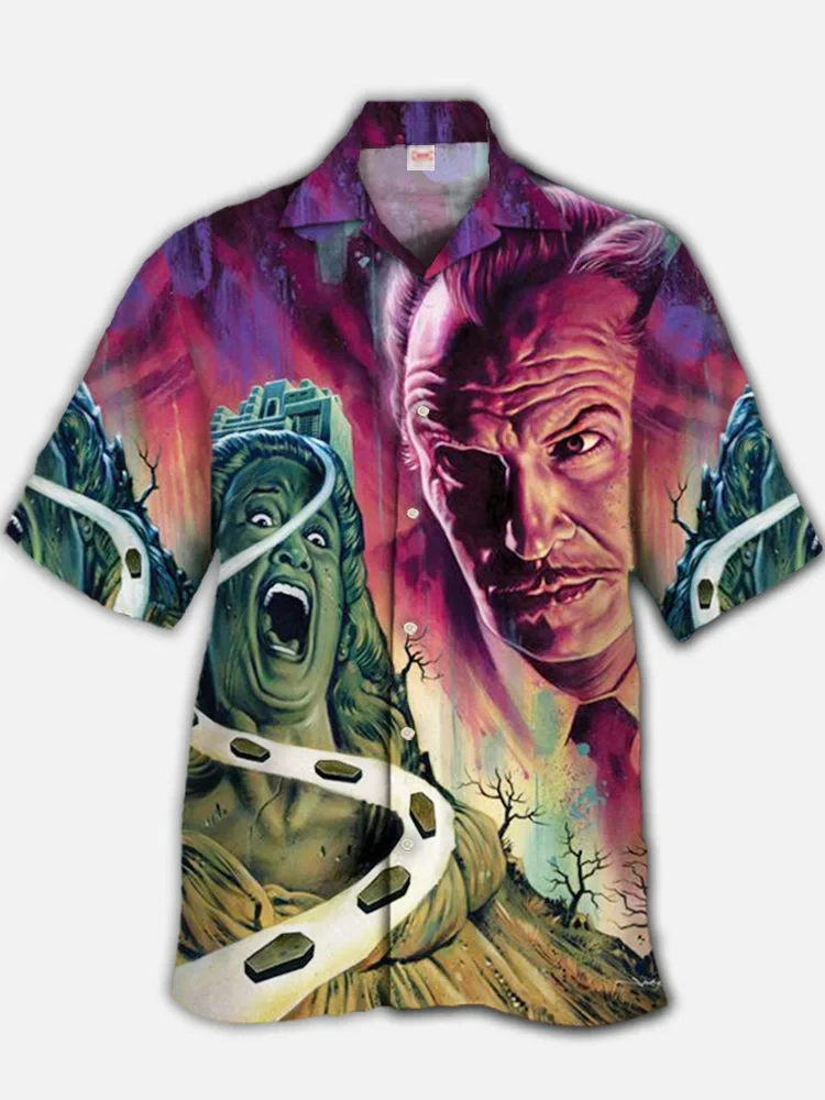 2024 Men's Fashion Shirt Hooworkshops Eye catching Classic Cabin Terror Murder Figure Print Hawaiian Short sleeved Shirt