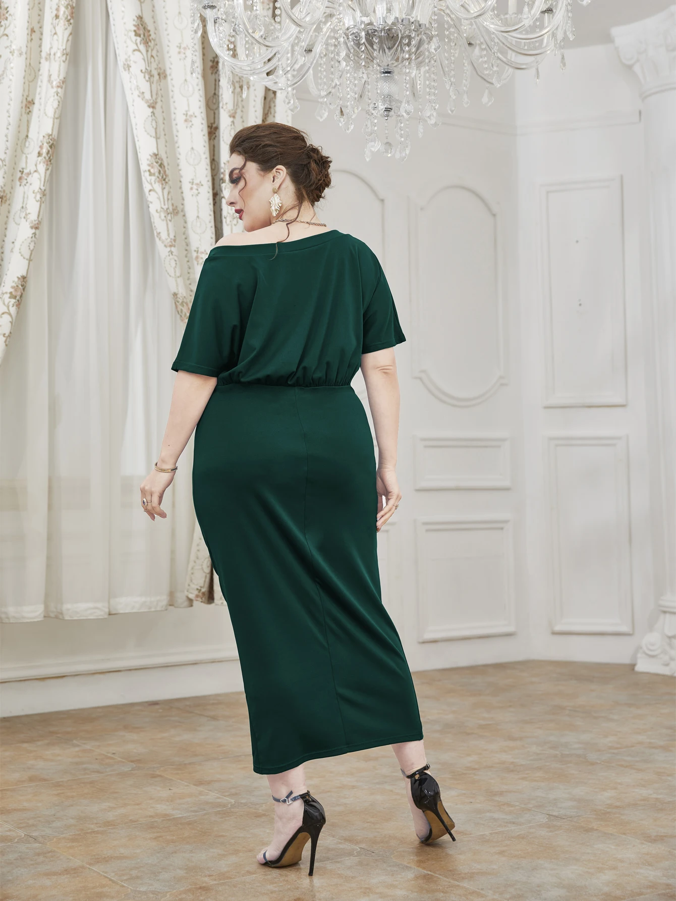 Add Elegant Plus-size folding off-the-shoulder slit elegant sexy slim dress