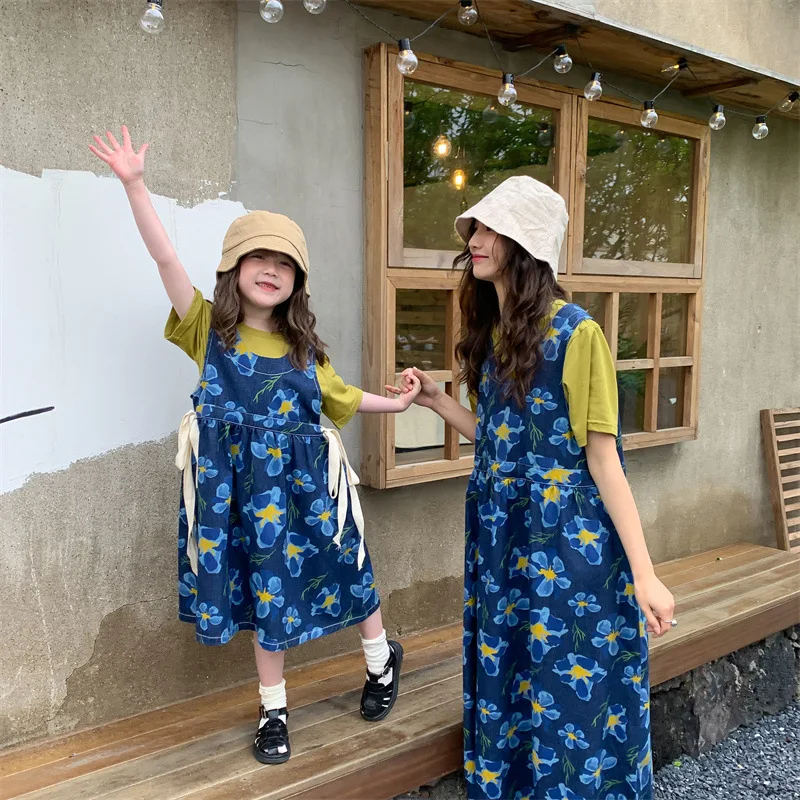 Summer Mother 2-12 Years Daughter Mom Kids Girls Women Family Matching Outfits Short Sleeve T-shirt+Flower Denim Vest Dress Set