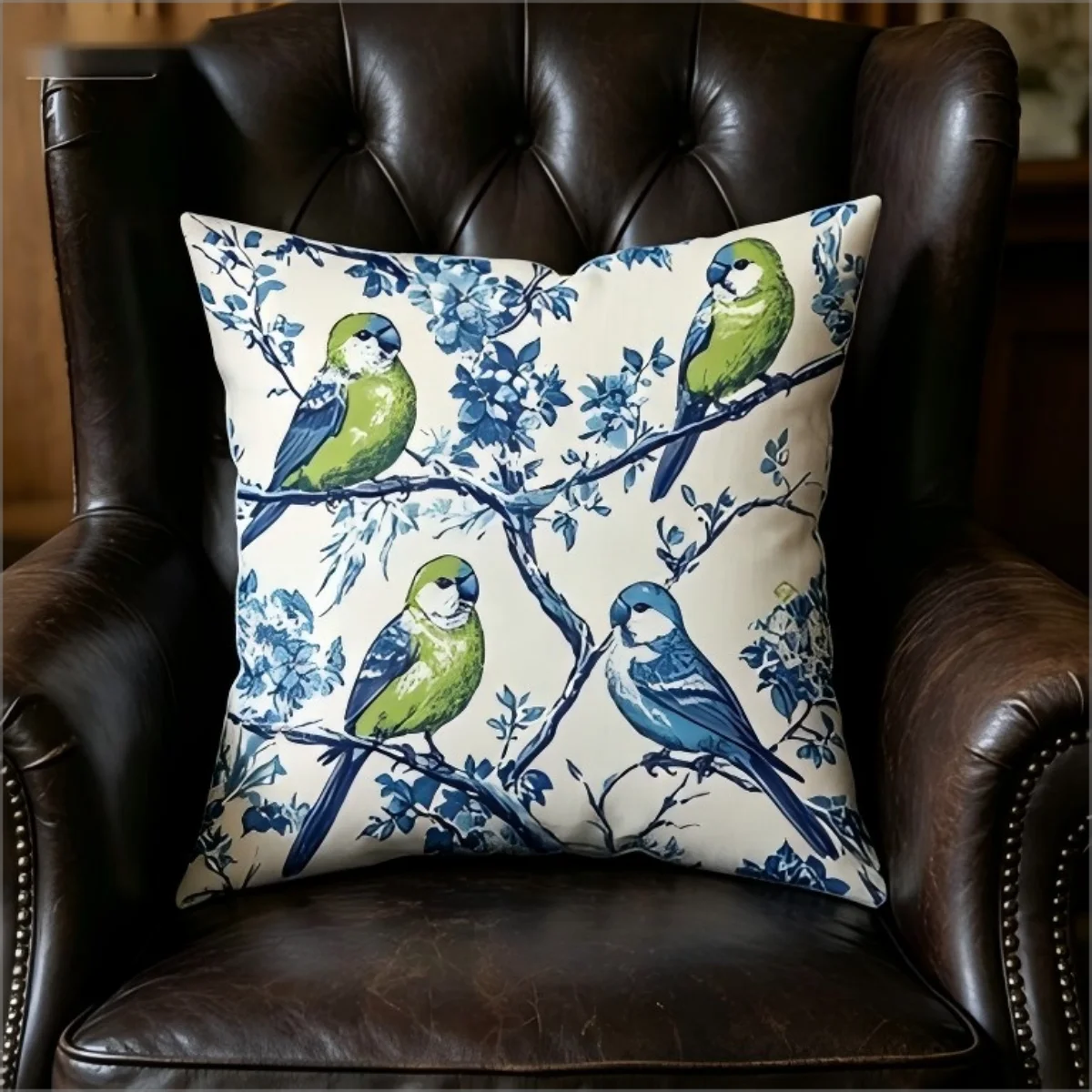 Vintage Kissenbezug mit blauem Vogel- und Blumenmuster, Retro Botanischer Papageien-Kissenbezug für Sofa, Schlafzimmer, Wohnzimmer, Heimdekoration