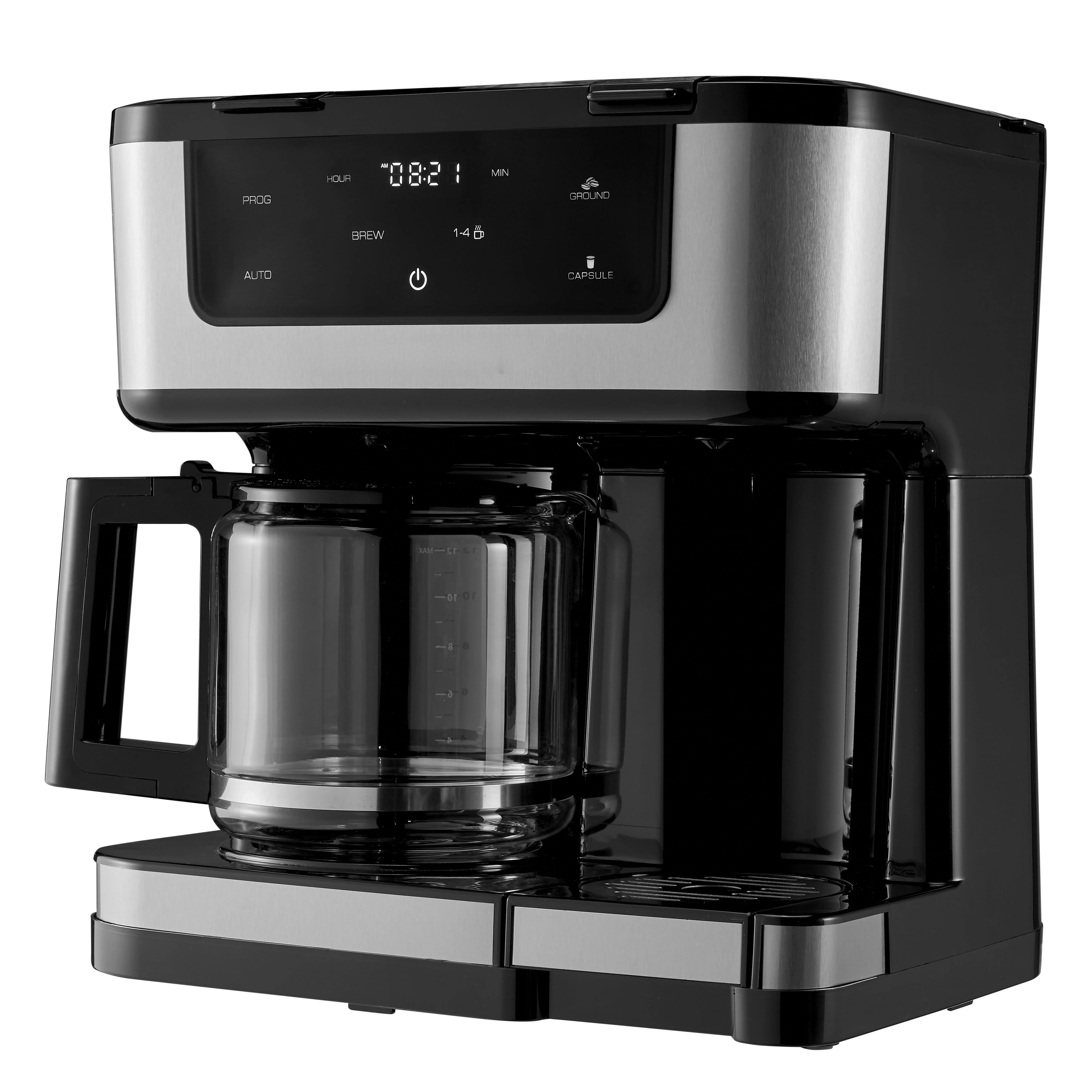 Side by Side Single Serve or 12 Cup Coffee Maker, Black with Stainless Inset, New