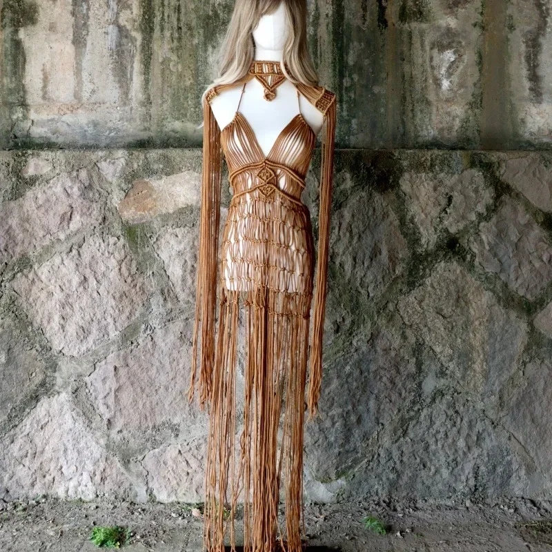 Women Retro Hand Crochet Knitted Vacation Beach 2 Piece Set Long Tassel Cape + Hollow Out Camisole Maxi Dress Bikini Cover Ups