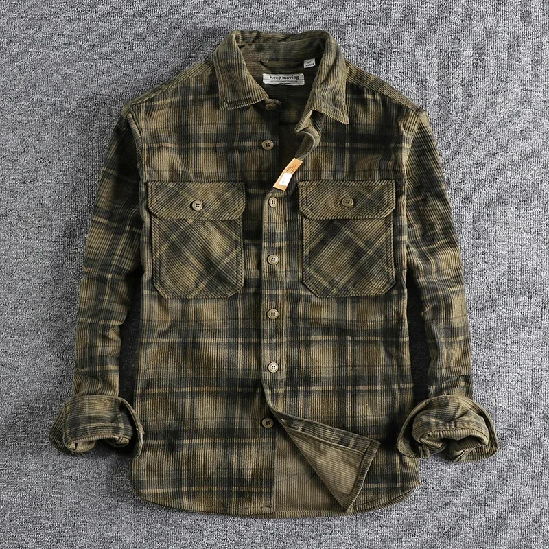 Khaki Retro  Autumn Tide Style Men's Long-sleeved Shirt Washed Corduroy Comfortable Daily All-match Tide Coat Cotton Work Shirt