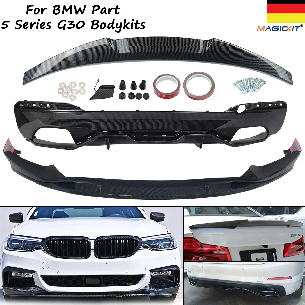 MagicKit FOR BMW 5' G30 M PERFORMANCE BODY KIT CARBON LOOK LIKE FRONT SPLITTER  REAR DIFFUSER