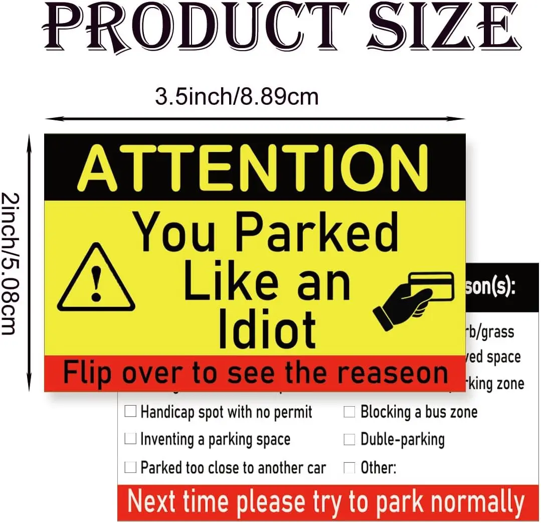 You Parked Like a Moron Note Card Double Sided 2x3.5Inch Multi Reasons Parking Violation Card Funny Prank Illegally Parked Cards