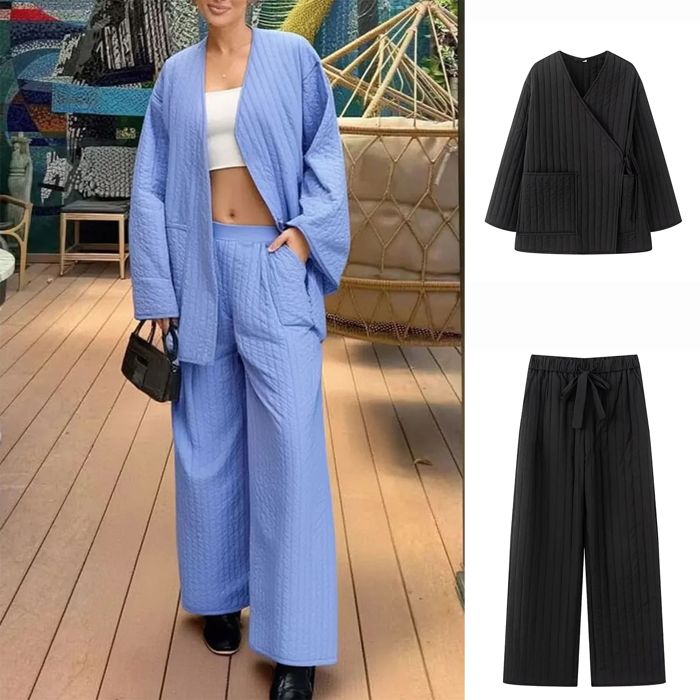 

Хлопковый комплект из джерси и брюк с ковриком, повседневная верхняя одежда в стиле кимоно, свободный крой, осень 2025 г., Новое поступление, комплект из двух предметов