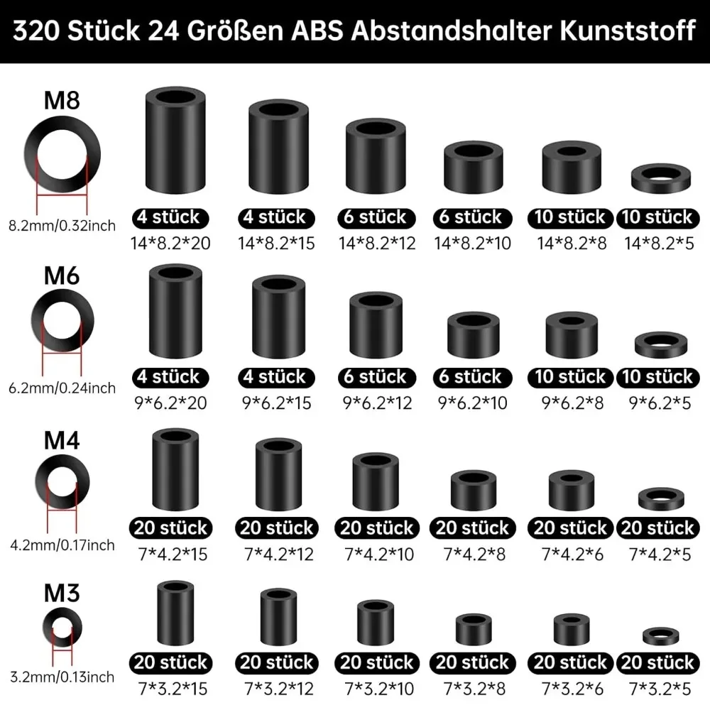320Pcs Motherboard Insulation Column Standoff Spacer Plastic Spacers Washers Hollow Pillars M3 M4 M6 M8 for PCB Circuit Boards