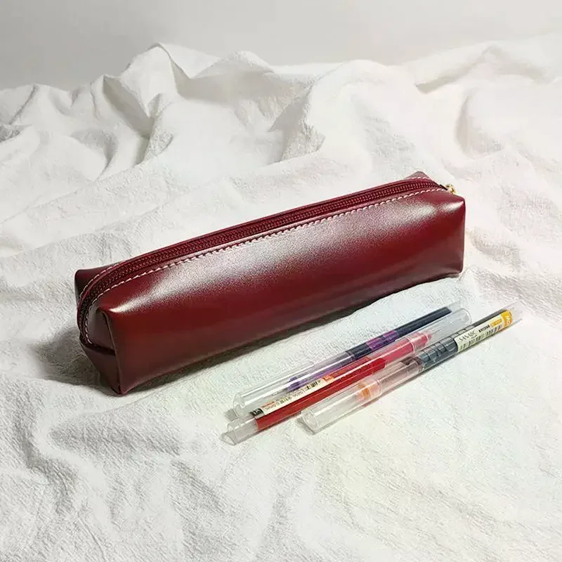 Simple PU Leather Pencil Case Small Portable Makeup Brush Storage Bag Students Large Capacity Stationery Box School Supplies