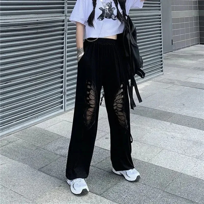 2024 Summer Women's New Comfortable Casual Hollow Wide Leg Pants Loose High Waist Straight Leg Pants Hip Hop Style Pants