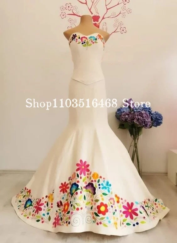 

Floral Embroidered Mexican Wedding Dresses Sweetheart Neck Sleeveless White Satin Mermaid Bridal Gowns Vestidos De Festa