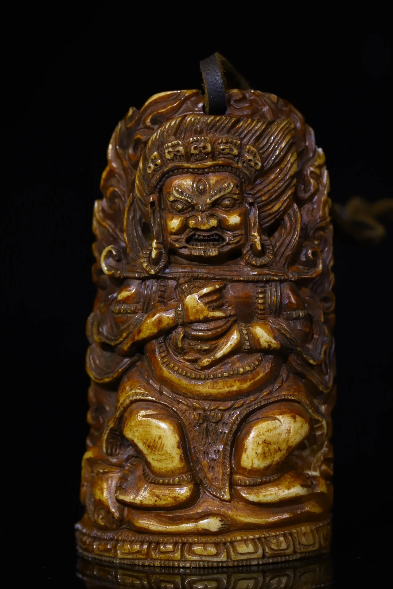 

3"Tibetan Temple Collection Old Natural Yak bone Hand carved Mahakala Buddha hang tag amulet pendant Town house Exorcism