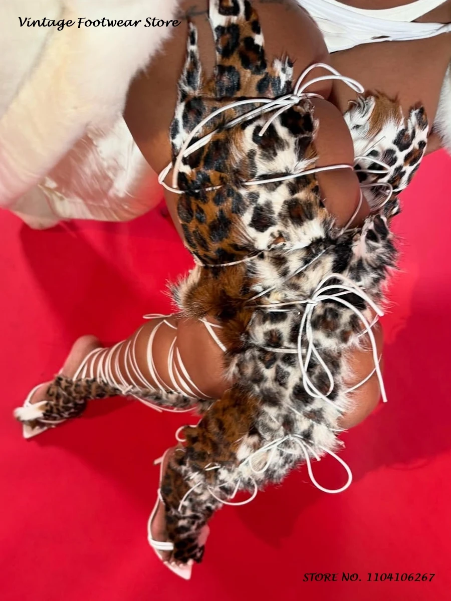 Leopard Furry Lace-up Sandals Gladiator Pointed Open Toe Thin Heels Party Shoes Sexy Women's Spring Summer Cross-tied Stilettos view 2