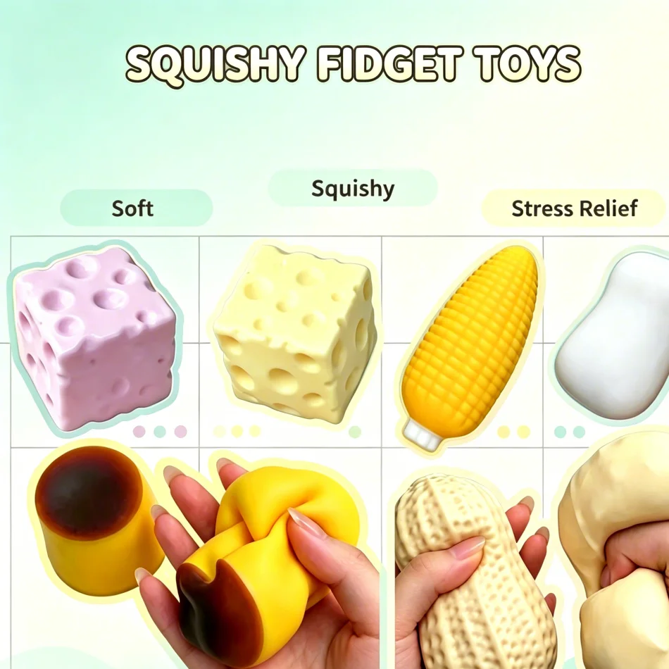 6 Styles Crunchy Squishy Fidget Toys Set Crispy Squeeze Sound Stress Relief Sensory Cute Calming Soft Kawaii Desk Gifts