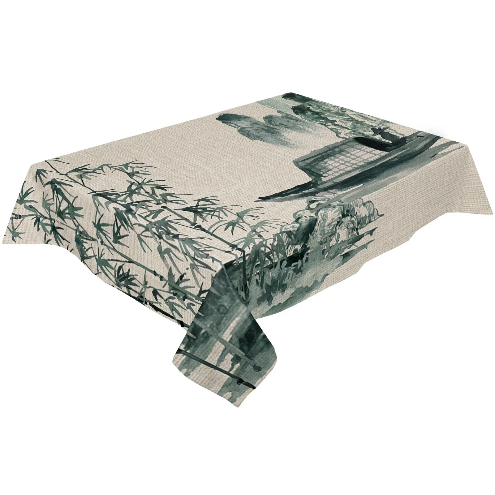 Chinese Painting Landscape Bamboo Boat Tablecloth Holiday Decor Waterproof Rectangular Tablecloths Wedding Decor Table Cover