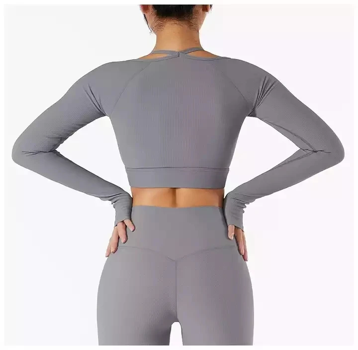 Women Yoga Set Sleeve Crop Top Seamless Fitness Clothes Tight Solid Long Sleeve Yoga T-Shirt Halterneck Shirt with Chest Pad
