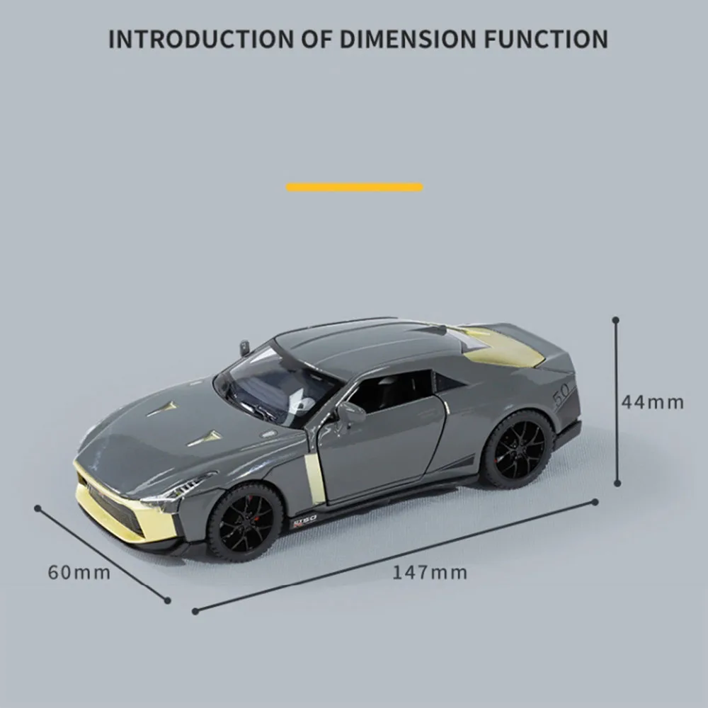 1:32 SKYLINE GTR R50 Model Zabawka Samochód Sportowy Odlew Stopowy 4 Otwierane Drzwi Dźwięk Światło Napęd Pull Back Gumowe Opony Pojazd Prezent dla Dzieci
