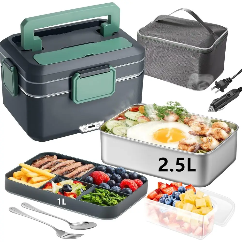 

90W 3.5L 2-Layer Portable Heated Lunch Box for 12V/24V/110V with 2.5L Removable 304 Stainless Steel Container