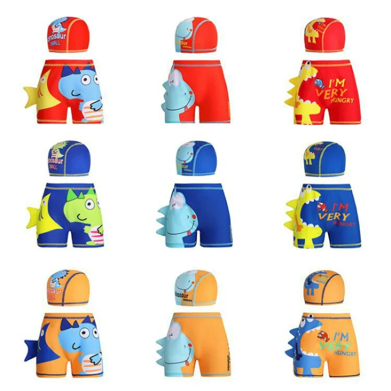 Kids Baby Boys Swimwear Cute Cartoon Dinosaur Swimming Trunks+Swimming Cap 2-piece Set Kawaii Boy's Beach Shorts Swimsuit