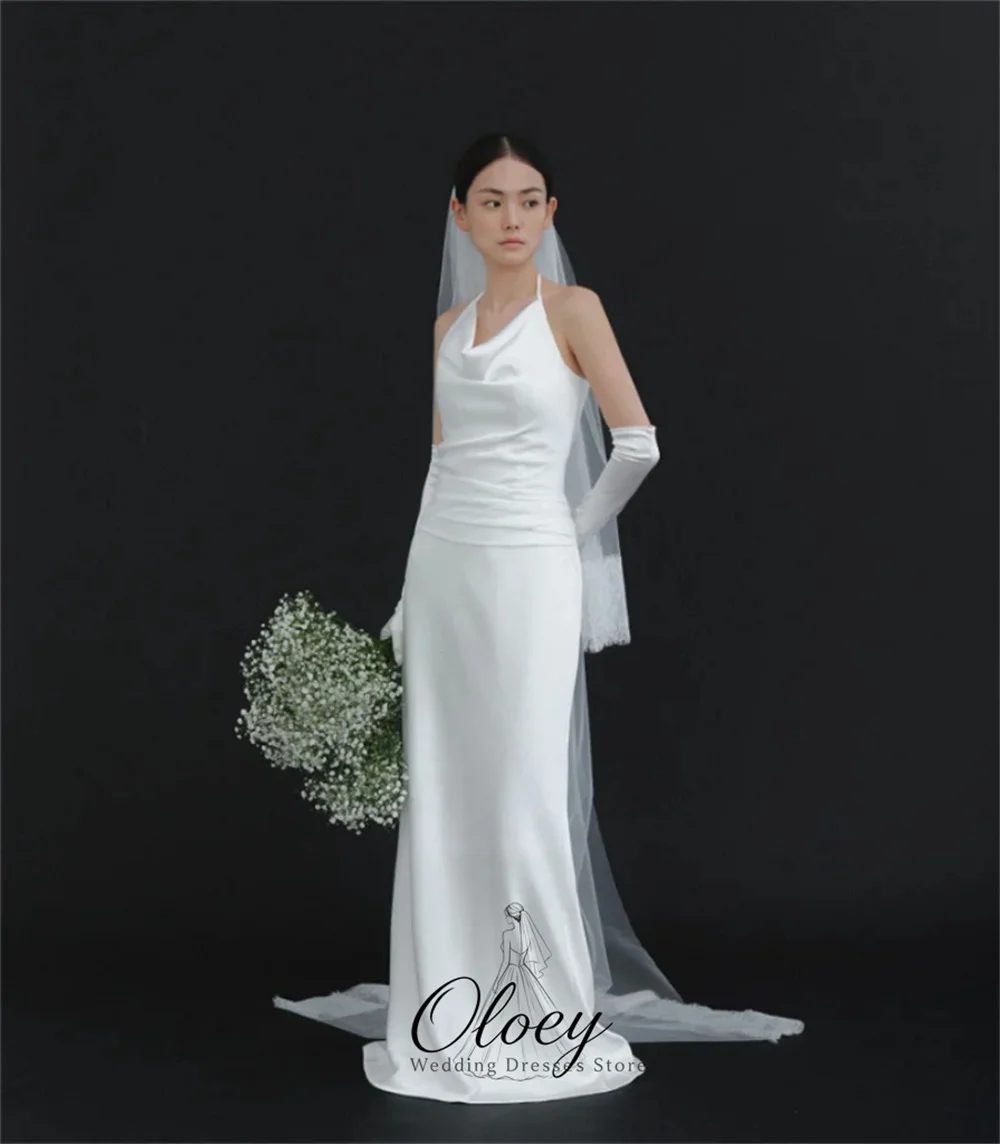 OLOEY Simple Halter Sleeveless Korea Wedding Dress Photo Shoot Satin Draped Mermaid Bridal Gown Customized Reception Dress