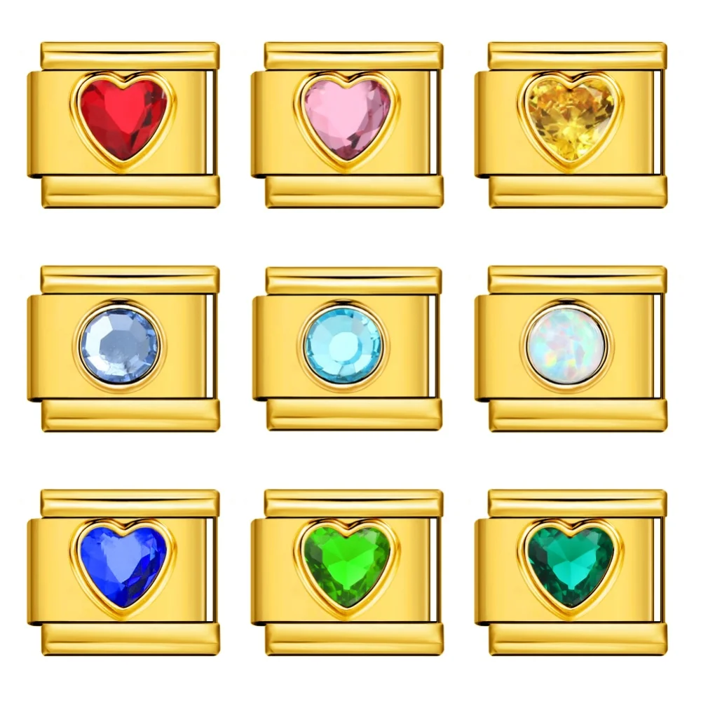 Goldfarbene, bunte, runde Herz-Italien-Charm-Verbindungsstücke für 9-mm-Armbänder, Edelstahl, zum Selbermachen von Schmuck, Perlen, Geschenke für Damen und Herren – Detail 1