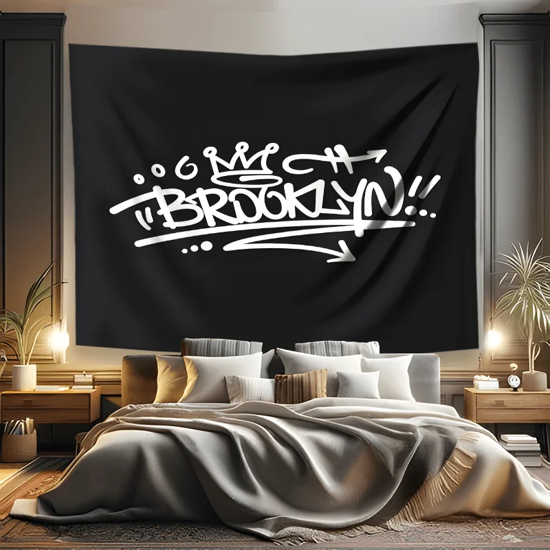 Brooklyn Graffiti Tapestry Black White Urban Street Art Wall Hanging Hip Hop Dorm Decor, Cool Typography Bedroom BackgroundCloth