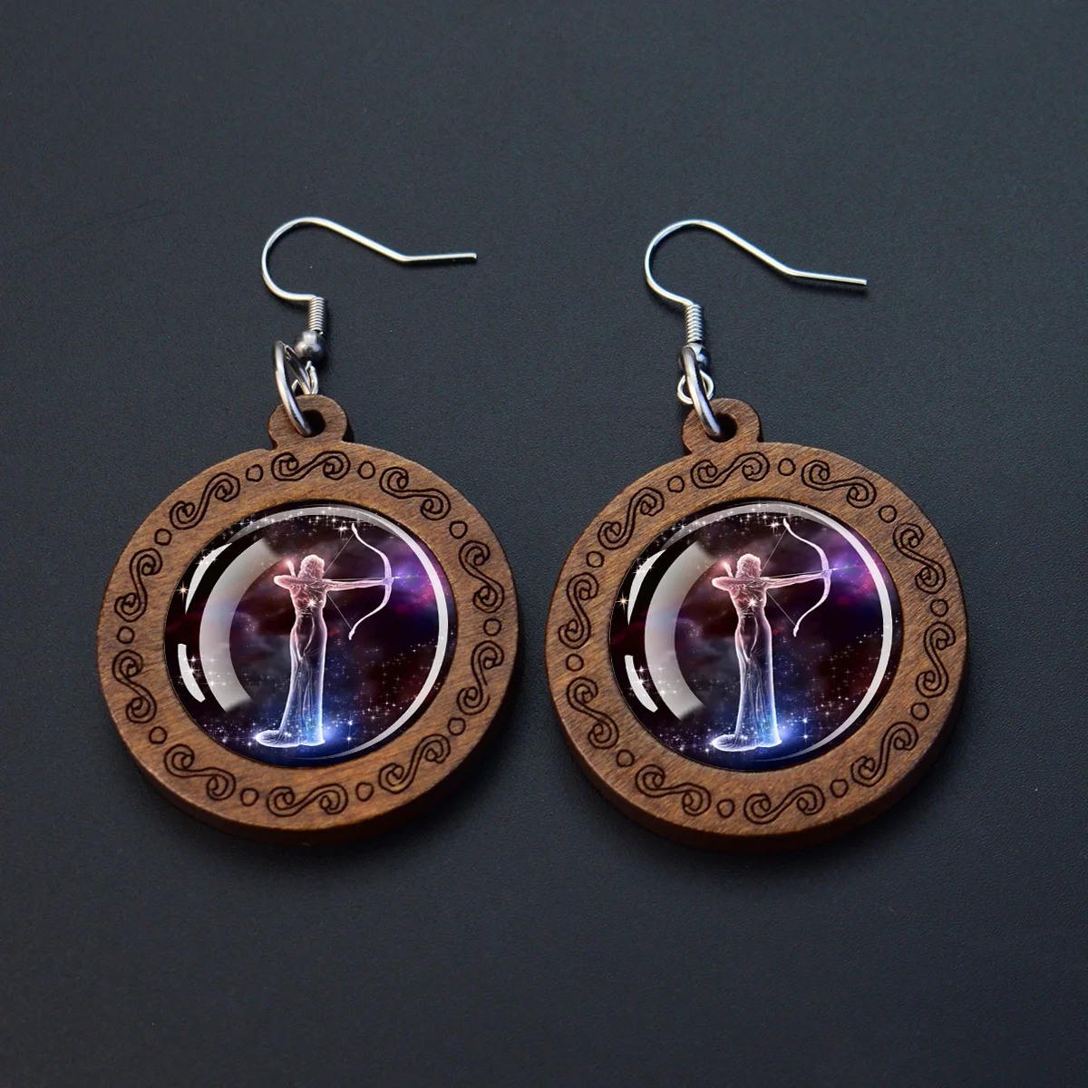 1pair 12 Constellation Theme Wooden Engraved Drop Earrings Bohemian Zodiac Glass Cabochon Pendants Vintage Dangle Earrings Women