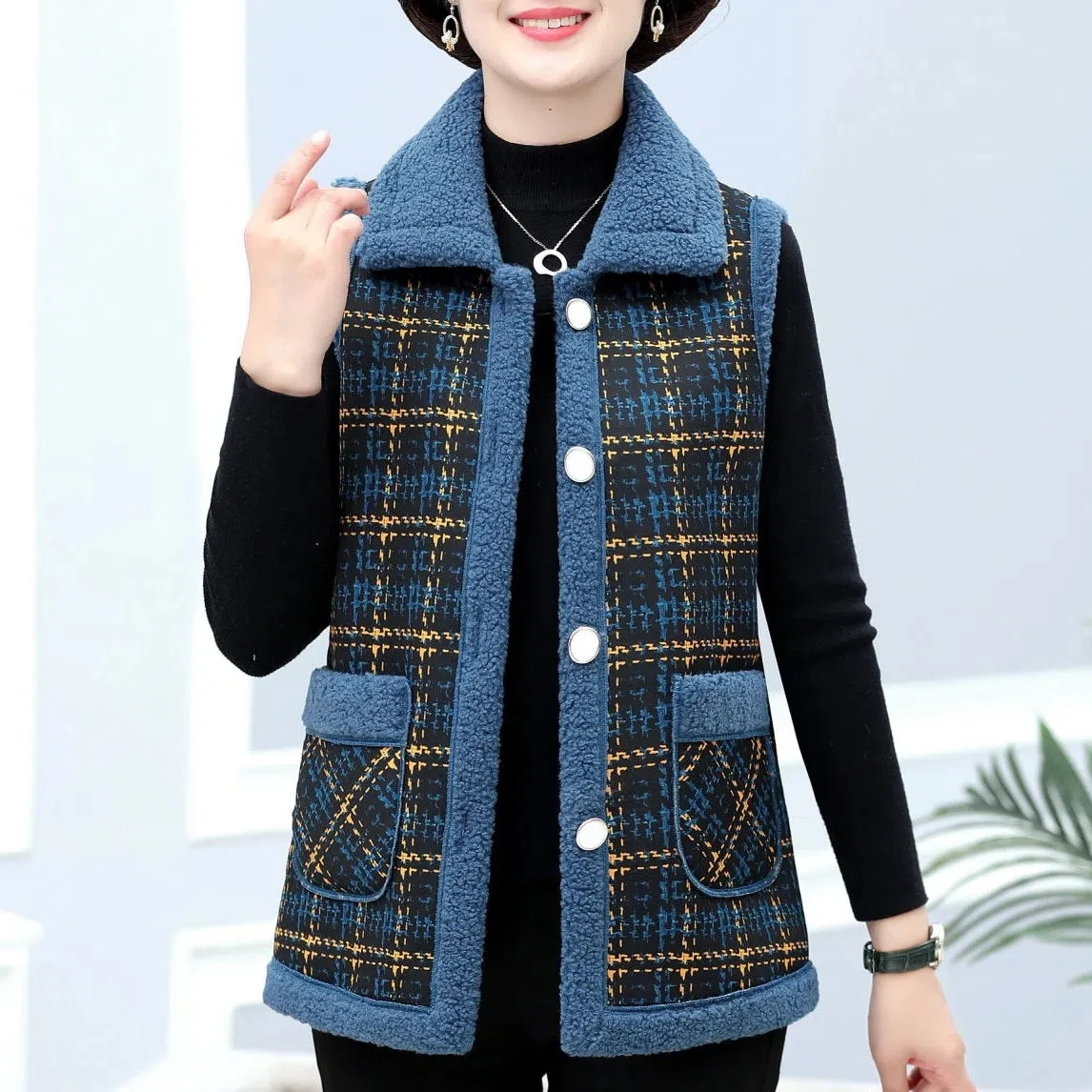 Middle-aged Mother\'s New Splicing Lamb Velvet Vest Autumn Winter Slim Thick Plaid Coat Short Women\'s Warm Sleeveless Jacket 5XL