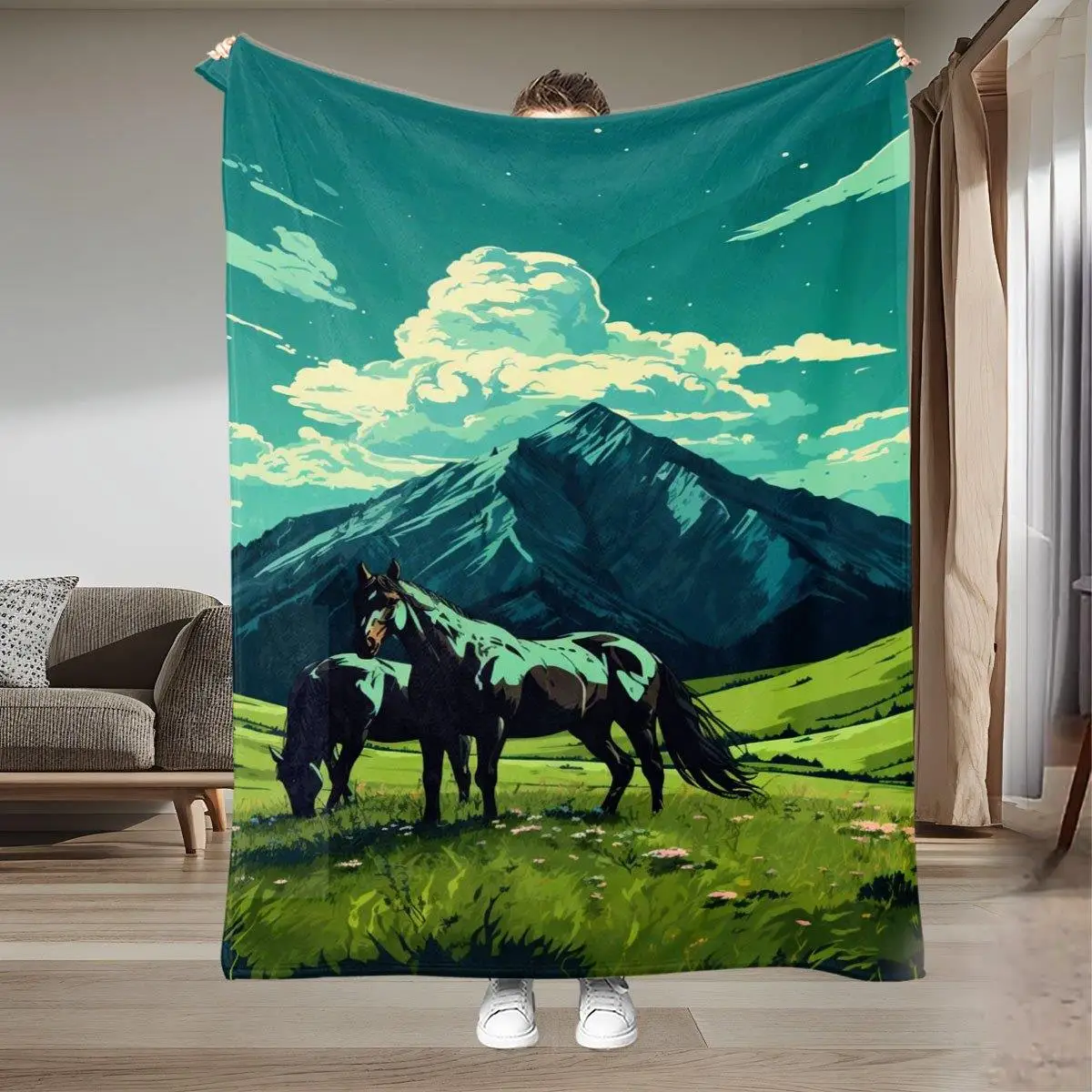Lush Meadow Horse Scenery Flannel Blanket - All-Season Lightweight Warmth, Soft & Light -Friendly Plush Texture, with Green Mead