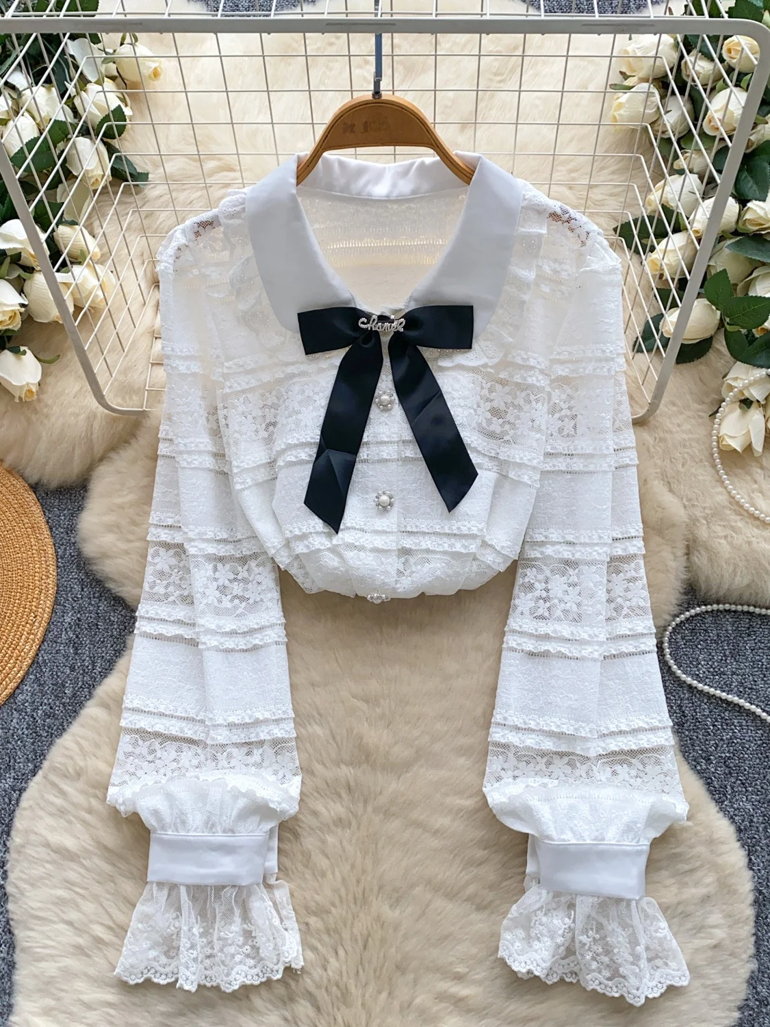 Ele Long Sve Lace irt Damen-Puppenkragen mit dünnem SLE-Knoten, Farbe Bl, Pendelfreundlich, koreanische lockere Passform