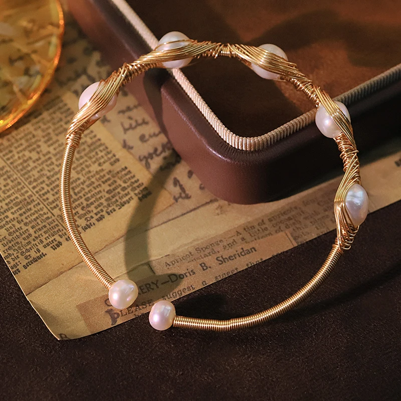 

Multi-Eye Natural Freshwater Pearl Bracelet 18k Gold Plated Design Open Bracelet for Banquet Wedding Wife Women Jewelry GB0191