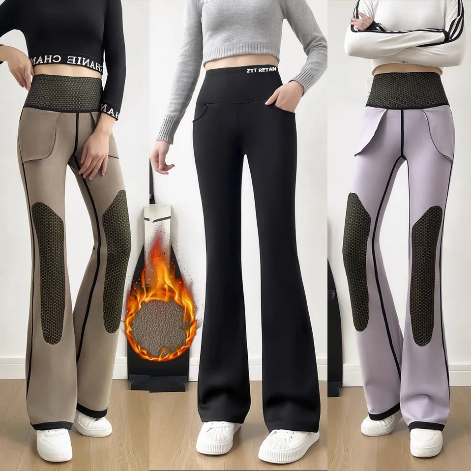 

M-4XL Women's Leggings High Waisted Flared Pants Fleece Lining Keep Warm Elastic Slim Casual Pants Booty Liftting 4 Pockets