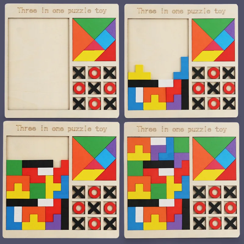 Rompecabezas de madera para niños, juego Tetris tangram, ajedrez, rompecabezas tres en uno, bloque de construcción, juguete de educación temprana, bloque de construcción