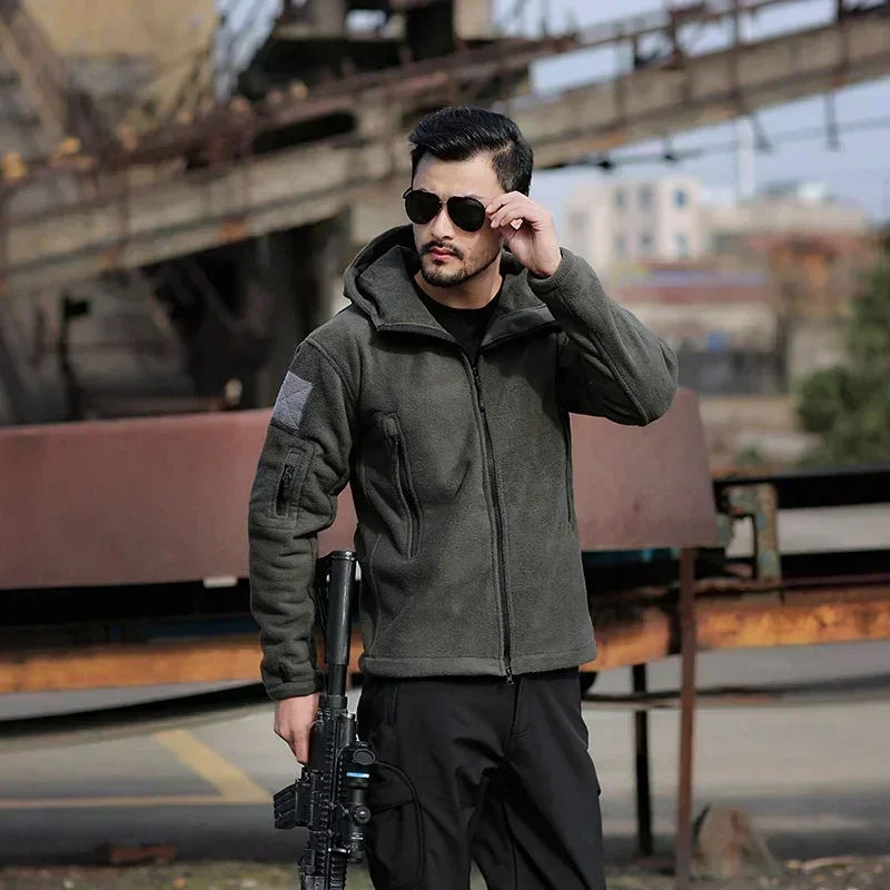 Zimowa kurtka polarowa Męska wojskowa kurtka taktyczna Solidne ciepłe płaszcze polarowe z kapeluszem Outdoor Sports Combat Hiking Polar Jacket — zdjęcie 6