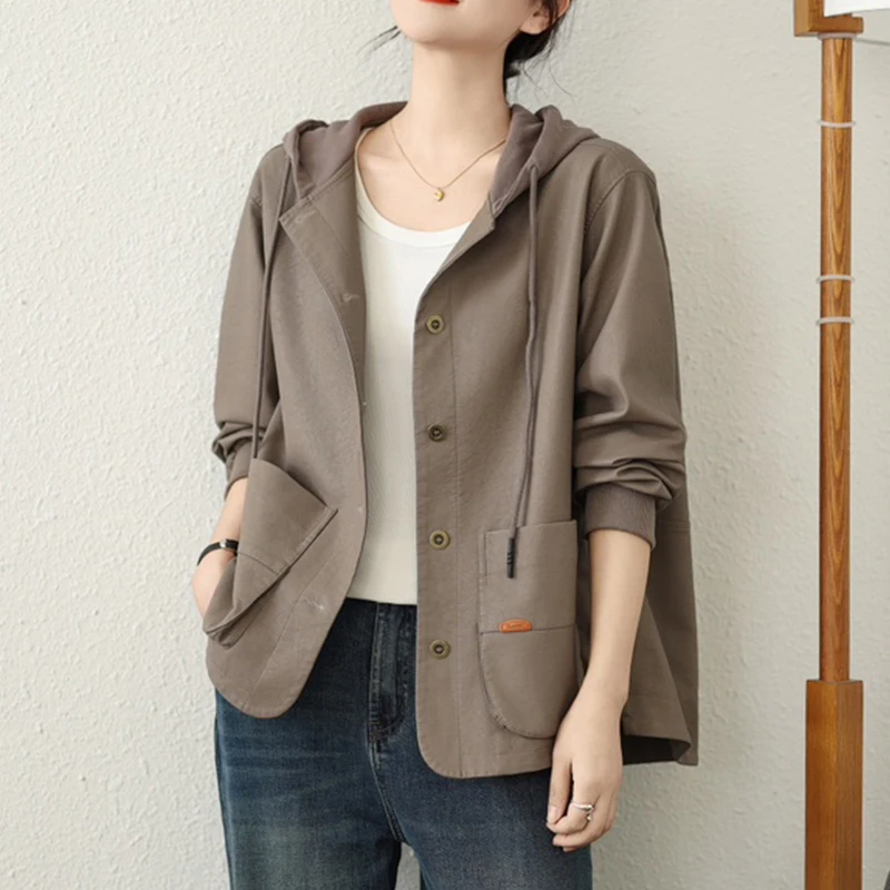 Masss Wasss coreano otoño mujer suelta con capucha ocio moda chaquetas de cuero de imitación mujeres clásico PU abrigos Vintage cortavientos