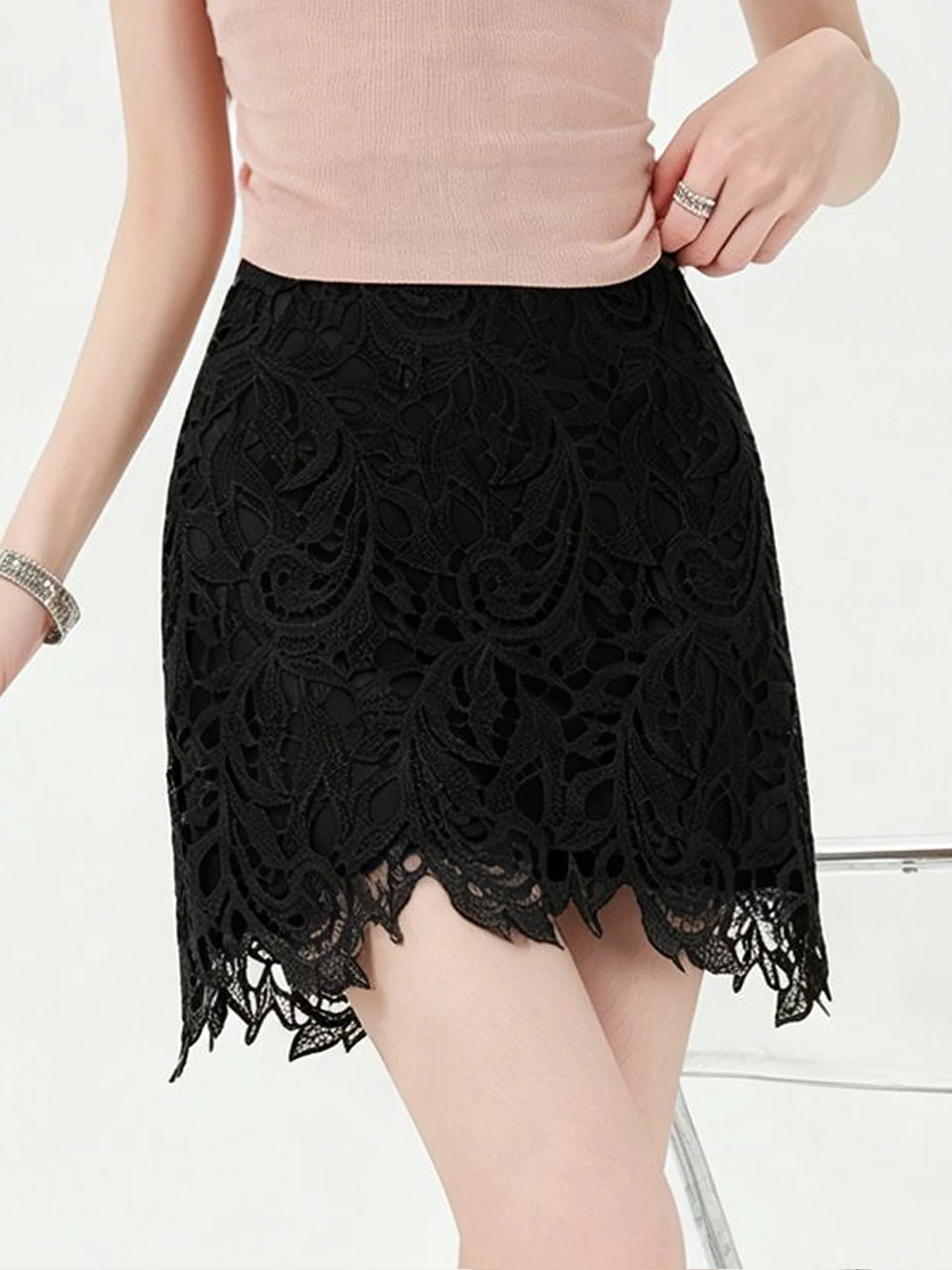 High Waist Lace Hollow out Bridesmaid Skirt Women's Sexy Slim Fit  Skirt Korean Style Commute Anti-Static Inner 