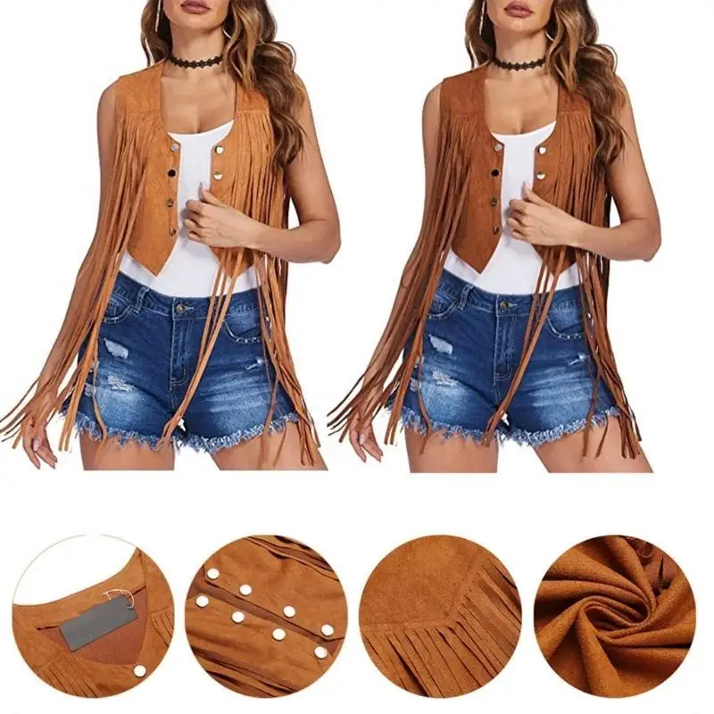 

652F жилет с бахромой женский винтажный жилет из искусственной замши с открытой передней частью без рукавов 70-х годов одежда в