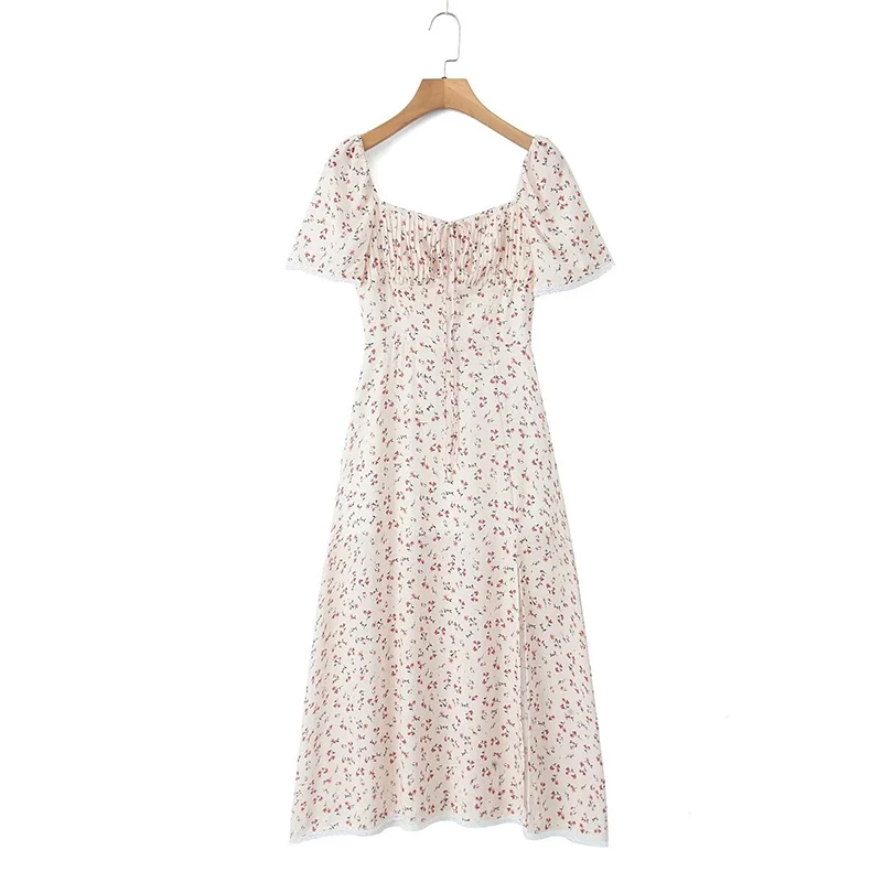 

YENKYE 2024 Prairie Chic Floral Print Dress Women Sexy Elegant Dress Short Sleeve Slit Hem Lady A-line Midi Summer Robe Holiday