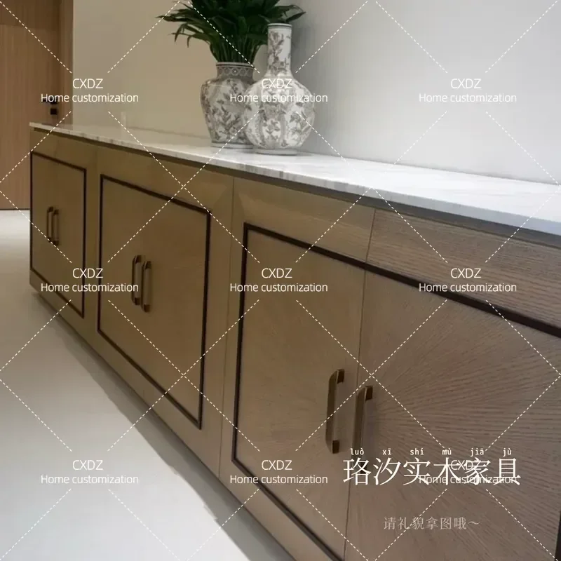 Modern Simple Solid Wood Dining Side Cabinet with Marble Countop Living Room Furniture Light Style Parquet Storage Locker