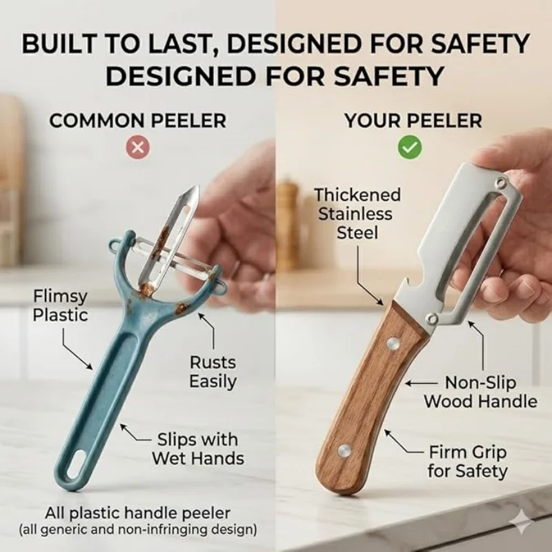 2 PCS Premium Vegetable Peeler Set Stainless Steel Blade with Wooden Handle Kitchen Tool for Fruit Apple Potato Pumpkin Papaya Zucchini Includes Bottle Opener