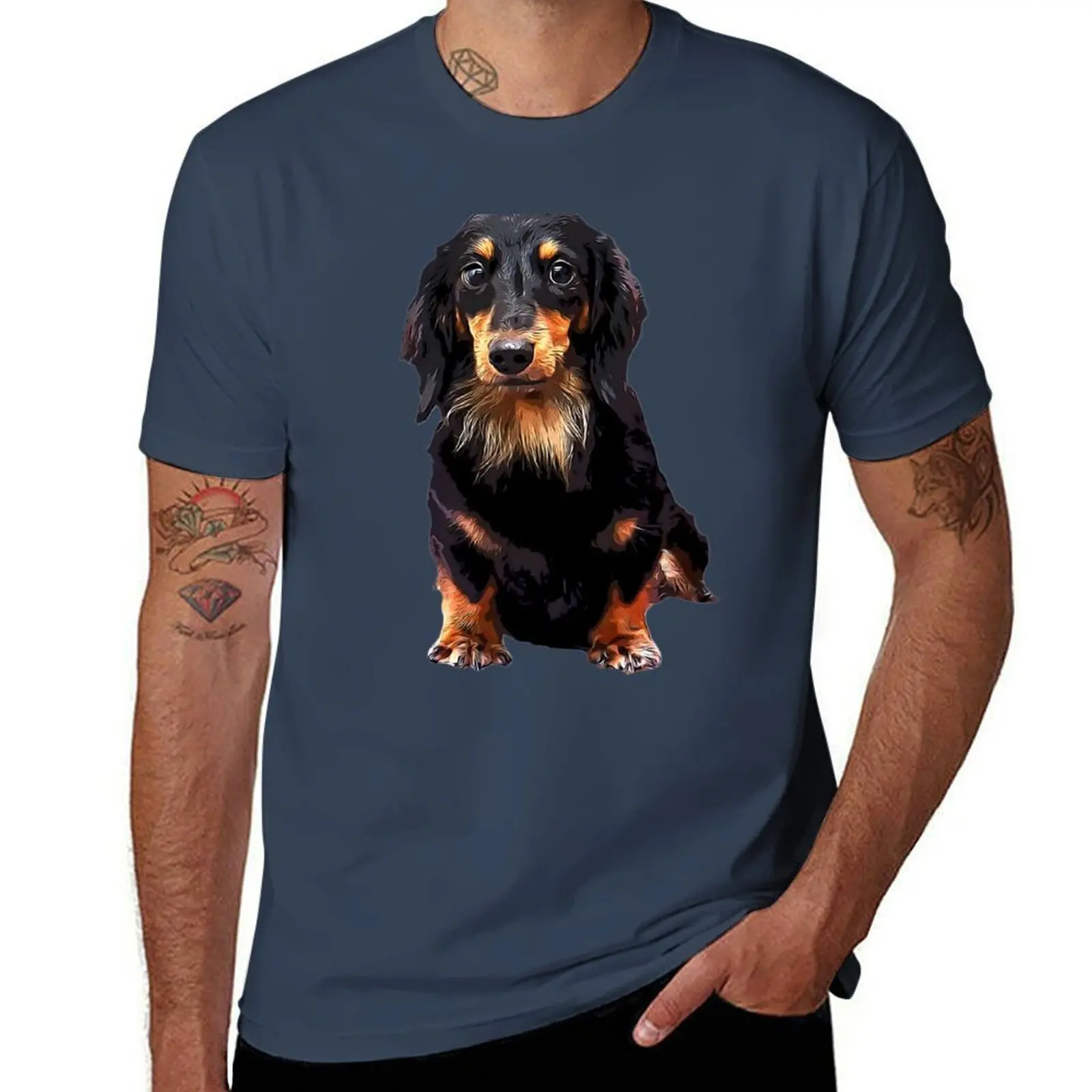 

Mini Dachshund Long Haired Black and Tan Miniature T-Shirt Fashion Casual Short Sleeve T-Shirt