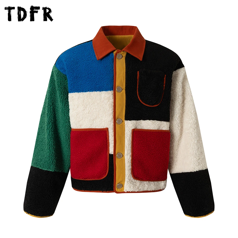 

Color Block Sherpa Quilted Jacket Mens Multi-Pocket Retro Casual Winter Thick Lapel Long Sleeve Padded Jacket Man