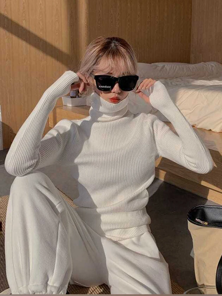 Knitted Sweater Women Korean Version Turtleneck Sweater Winter Solid Color Pullover Slimming Interior Lapping Warm Basic Tops