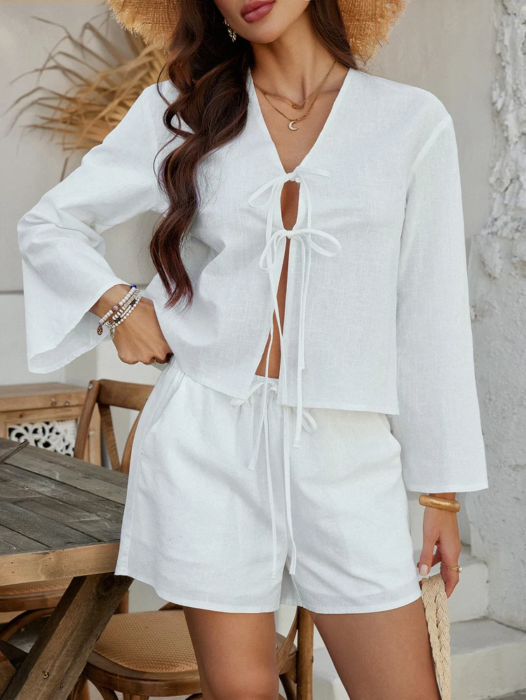 

Lace Up V-Neck Cardigan Long Sleeve Top + Shorts 2-piece Sets 2025 Spring And Summer Casual Vacation Beach Women's Suit