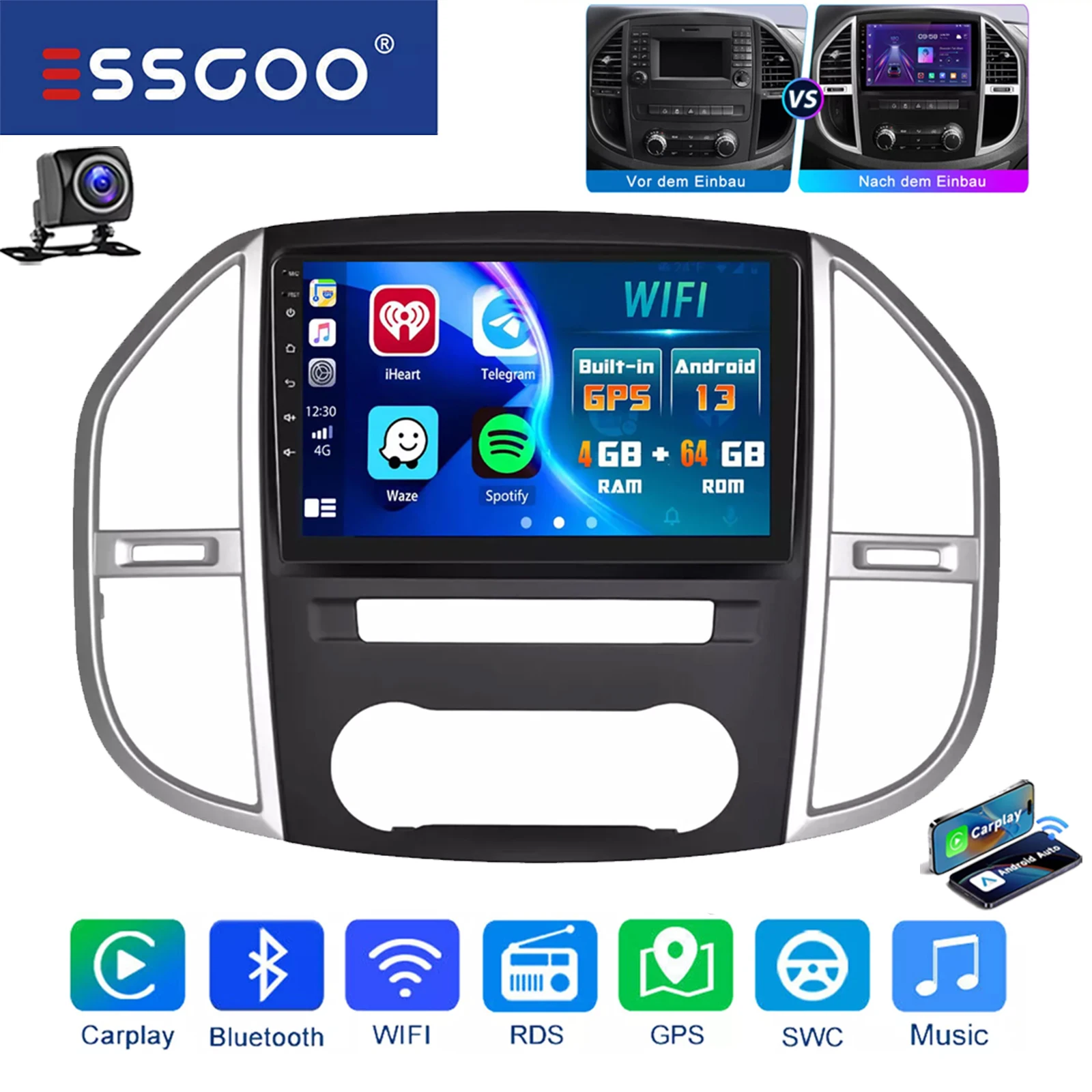 ESSGOO 10 "2 DIN Android 14 Autoradio Multimedia Video Player Voor Benz Vito 3 W447 2014-20 GPS Navi 32 GB/64G Carplay WIFI RDS BT