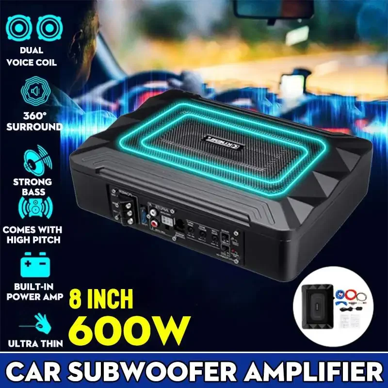 800W/600W 8/10 Inch 12V Car Speaker Active Subwoofer Car Under Seat Slim Sub Woofer AMP Super Bass Car Amplifier Subwoofers