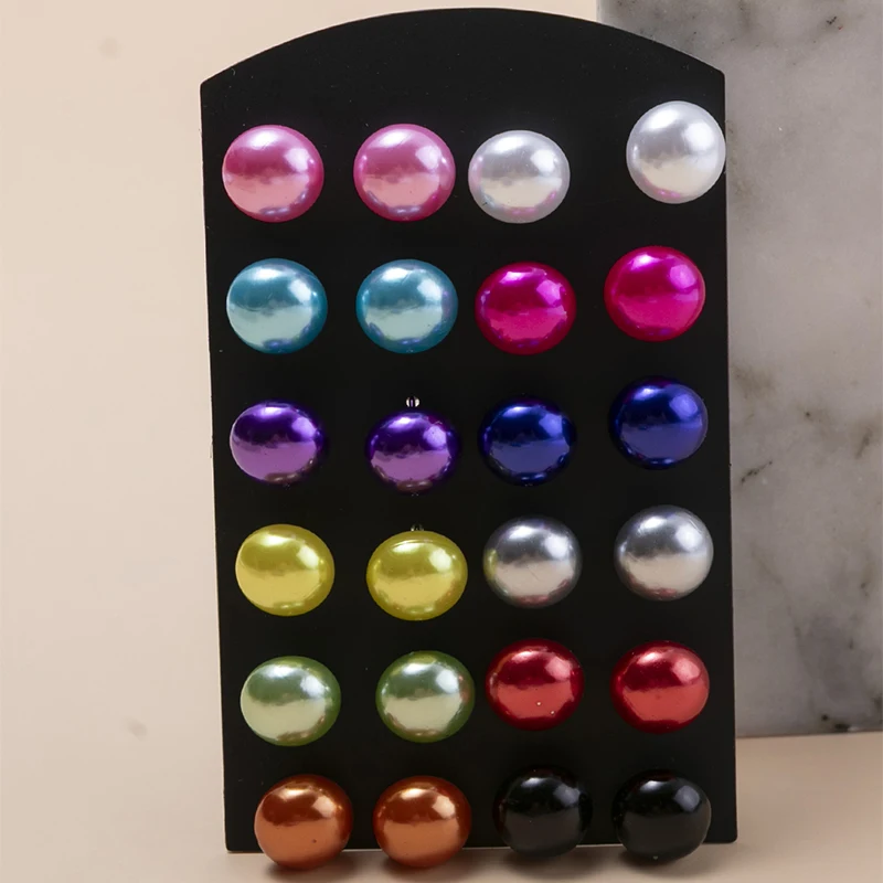 12Pairs/set Classic Colorful Simulated Pearl Stud Earrings Set For Women 12 10 8mm Ear Earrings Jewelry Round Ball Earring Gifts