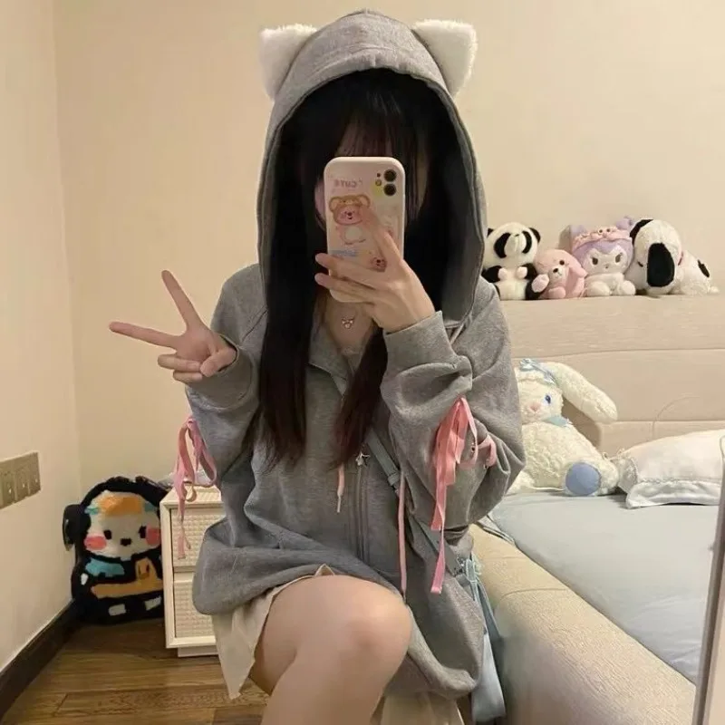 Y2k Damen Hoodie Jacke Süße süße Kawaii Katze Fliege Riemen Plüsch Strickjacke Jacke Kapuzenpullover Ins Tasche Reißverschluss Mäntel